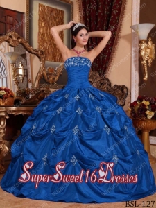 Blue Ball Gown Strapless Taffeta Military Ball Dress with Appliques and Pick Ups
