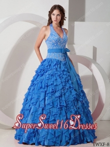Blue Halter Top Chiffon 15th Birthday Party Dresses with Embroidery