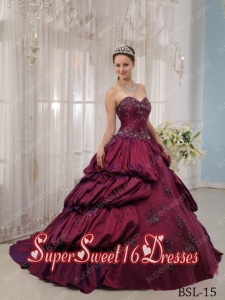 Burgundy Court Train Ruffled Layers A-line Sweetheart MIlitary Ball Dress with Beading and Appliques