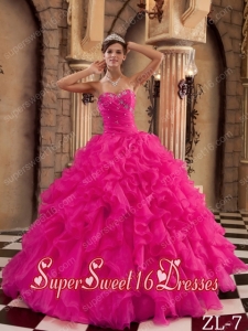 Coral Red Ball Gown Sweetheart Ruffles Organza Elegant Sweet 16 Dresses