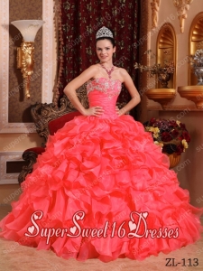 Coral Red Organza Ruffles Strapless Beading and Appliques Military Ball Dress