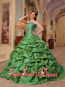 Court Train Pick-ups Taffeta Military Ball Dress with Appliques in Green