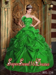 Fashionable Strapless Taffeta Military Ball Dress in Green with Ruching and Pick Ups