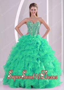 Green Ball Gown Sweetheart Ruffles and Beading Modest Sweet Sixteen Dresses