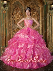 Hot Pink Ball Gown Strapless Beading and Ruffles Elegant Sweet 16 Dresses
