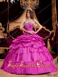 Hot Pink Pick Ups and Ruffled Layers Ball Gown Sweetheart Appliques Military Ball Dress