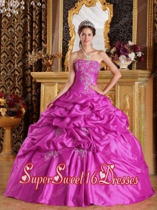 Hot Pink Taffeta Ball Gown Strapless Military Ball Dress with Pick Ups