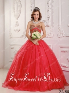 New Style In Coral Red A-Line / Princess Sweetheart With Satin and Organza Beading Sweet 16 Dresses