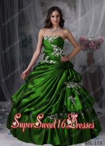 Popular Green Strapless Taffeta Appliques and Flowers 15th Birthday Party Dresses