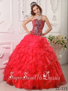 Red Ball Gown Sweetheart Organza Beading Elegant Sweet 16 Dresses