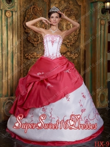Red and White Ball Gown Strapless Embroidery Elegant Sweet 16 Dresses