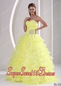 Ruffles Appliques and Ruching 15th Birthday Party Dresses in Light Yellow