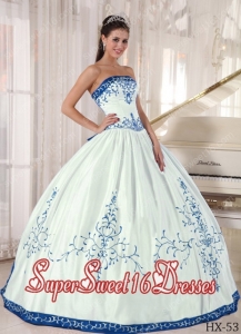White and Blue Strapless Embroidery Custom Made Sweet 16 Dresses
