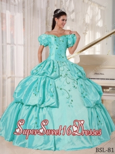 2014 Off The Shoulder Appliques Taffeta Aqua Blue Sweet Sixteen Dress Discount Ball Gown