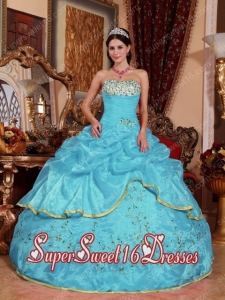 Aqua Blue Ball Gown Strapless Organza Appliques Modest Sweet Sixteen Dresses
