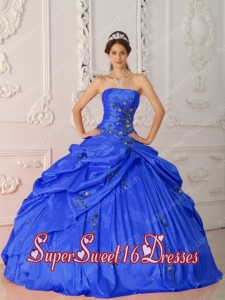 Ball Gown Appliques Strapless Taffeta Modest Sweet Sixteen Dresses in Blue