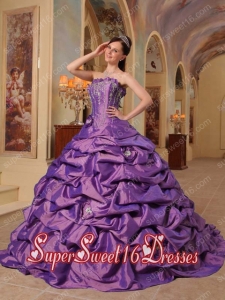 Ball Gown Strapless Court Train Pick-ups Taffeta Modest Sweet Sixteen Dresses in Purple