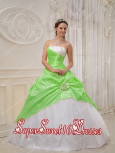 Beading Spring Green and White Strapless Floor-length Elegant Sweet 16 Dresses