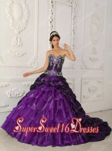 Beautiful Purple Ball Gown Sweetheart Chapel Train Taffeta and Organza Appliques With New Style For Sweet 16 Dresses