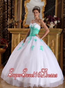 Beautiful White and Green Sweetheart Floor-length Appliques Organza 15th Birthday Party Dresses