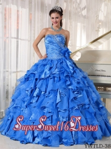 Cheap Blue Ball Gown Sweetheart Organza Beading 15th Birthday Party Dresses