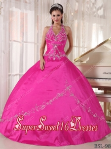 Halter Top Applique Ball Gown Taffeta Hot Pink Sweet Sixteen Dress 2014 Discount