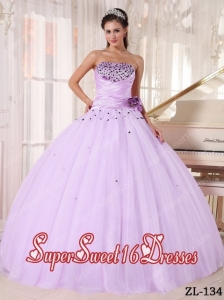 Lilac Ball Gown Strapless Floor-length Tulle Beading and Ruch Quinceanera Dress