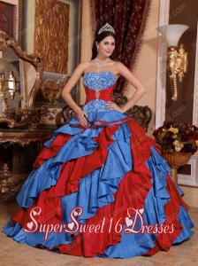 Modest Blue and Red Ball Gown Strapless Embroidery Sweet Sixteen Dresses