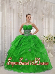 Modest Spring Green Strapless Ball Gown Organza Beading Sweet Sixteen Dresses