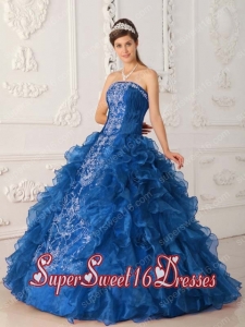 New Style In Blue Ball Gown Strapless With Satin and Organza Embroidery Sweet 16 Dresses