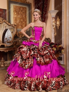 New Style In Fuchsia Ball Gown Strapless With Taffeta and Leopard Pick-ups Sweet 16 Dresses