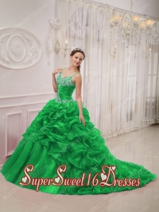 New Style In Green Ball Gown Spaghetti Straps Court Train Organza Beading For Sweet 16 Dresses