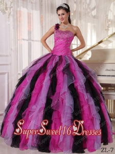 One Shoulder F Beading and Ruffles 15th Birthday Party Dresses in Multi-colored