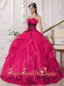 Red and Black Ball Gown Strapless Organza Appliques Modest Sweet Sixteen Dresses