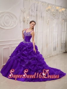 Spaghetti Straps Court Train Organza Beading Modest Sweet Sixteen Dresses in Dark Purple