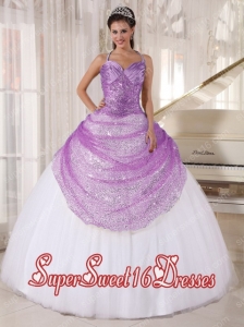 Spaghetti Straps Floor-length Appliques 15th Birthday Party Dresses in Lilac and White
