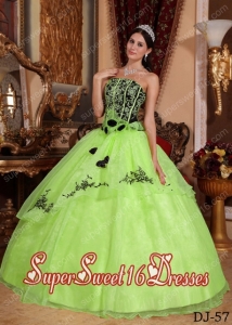 Strapless Yellow Green and Black Ball Gown Embroidery Modest Sweet Sixteen Dresses