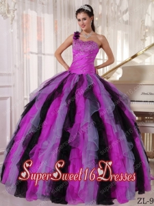 Sweet Sixteen Dress Beadings One Shoulder Ruffles Discount Ball Gown Muti-color