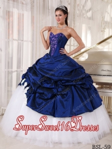 Sweetheart Appliques Taffeta and Tulle Sweet Sixteen Dress Blue and White 2014 Discount Ball Gown