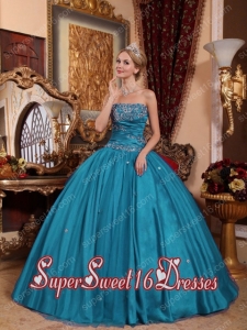 Teal Ball Gown Strapless Taffeta and Tulle Appliques Military Ball Dress with Ruching