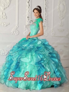 Turquoise Ball Gown Strapless With Satin and Organza Beading New Style Sweet 16 Dresses