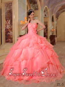 Watermelon Organza Ruffle Beading Hand Made Flower Ball Gown 2014 Sweet Sixteen Dress Discount