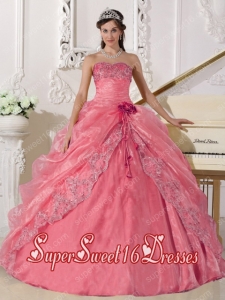 Watermelon Organza and Taffeta Strapless Hand Made Flower and Appliques Military Ball Dress