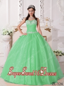 Apple Green Ball Gown Strapless Taffeta and Organza Appliques Modest Sweet Sixteen Dresses