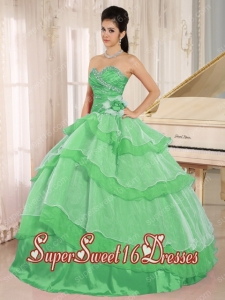 Green Sweetheart Beaded Decorate and Ruched Bodice Ruffled Layeres Perfect Sweet 16 Dress In 2013