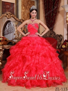 Sweetheart 2014 Ruffle Beadings Pleat Red Sweet Sixteen Dress Discount Ball Gown