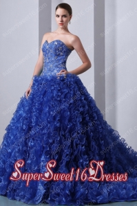 Elegant Blue A-Line / Princess Sweetheart Brush Train With Beading and Ruffles In New Style For Sweet 16 Dresses