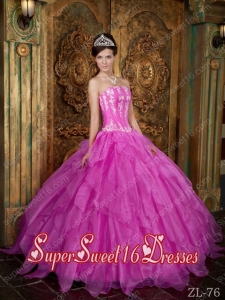 Popular Ball Gown Strapless Appliques Organza 15th Birthday Party Dresses in Hot Pink