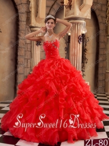 Popular Red Ball Gown Sweetheart Ruffles Organza 15th Birthday Party Dresses