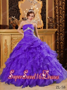 Purple Floor-length Organza 15th Birthday Party Dresses with Beading And Ruffles